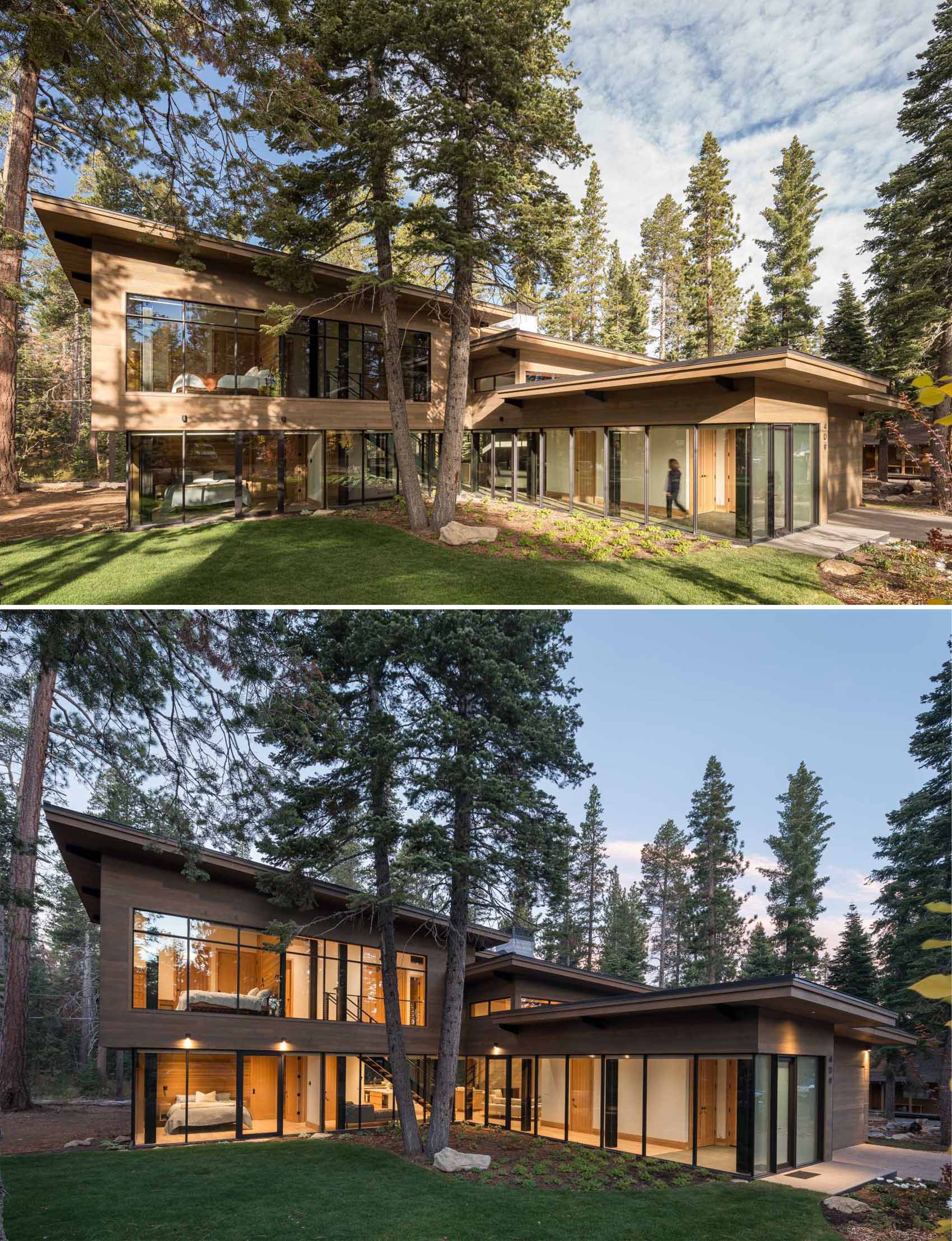 A modern home has an intentionally muted yet refined palette of natural materials including cedar, oak, fir, and steel, allowing the house to harmoniously blend with the surroundings.