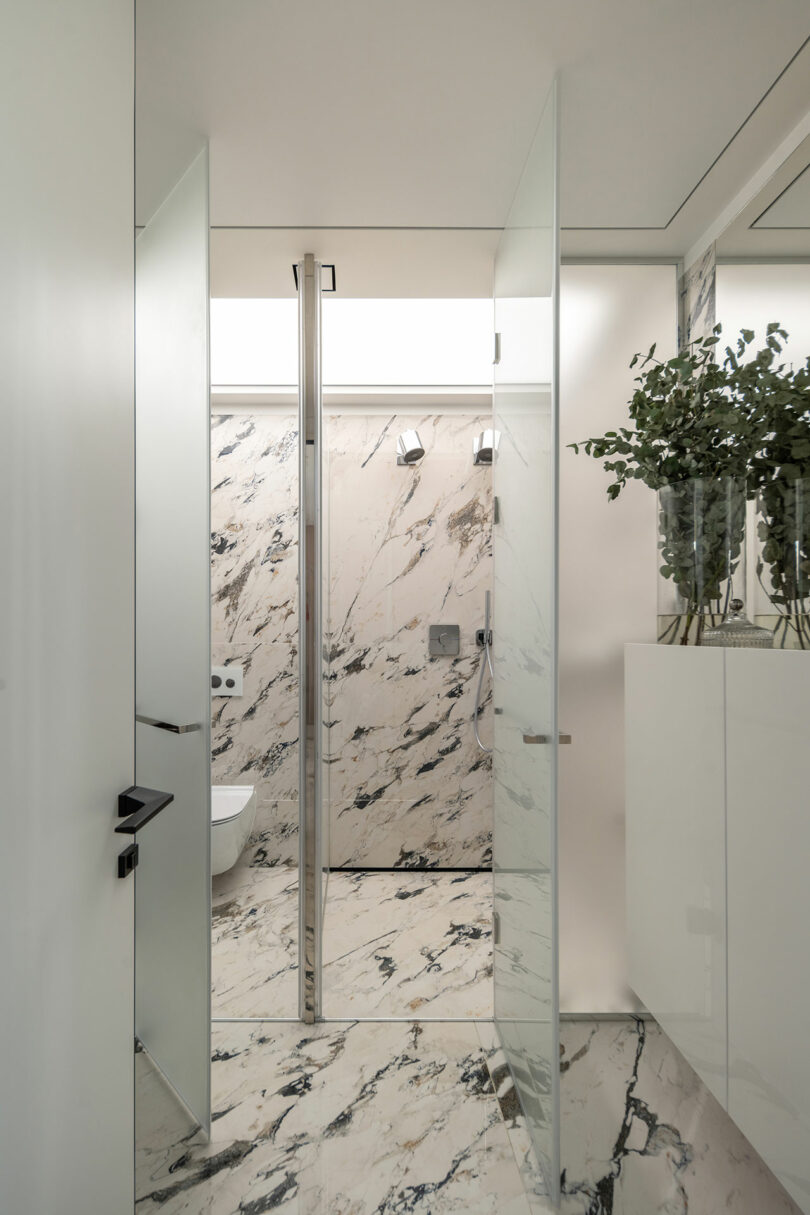 Modern bathroom with glass doors, marble walls, and floor. A toilet is visible on the left, and a planter with green foliage is on the right.