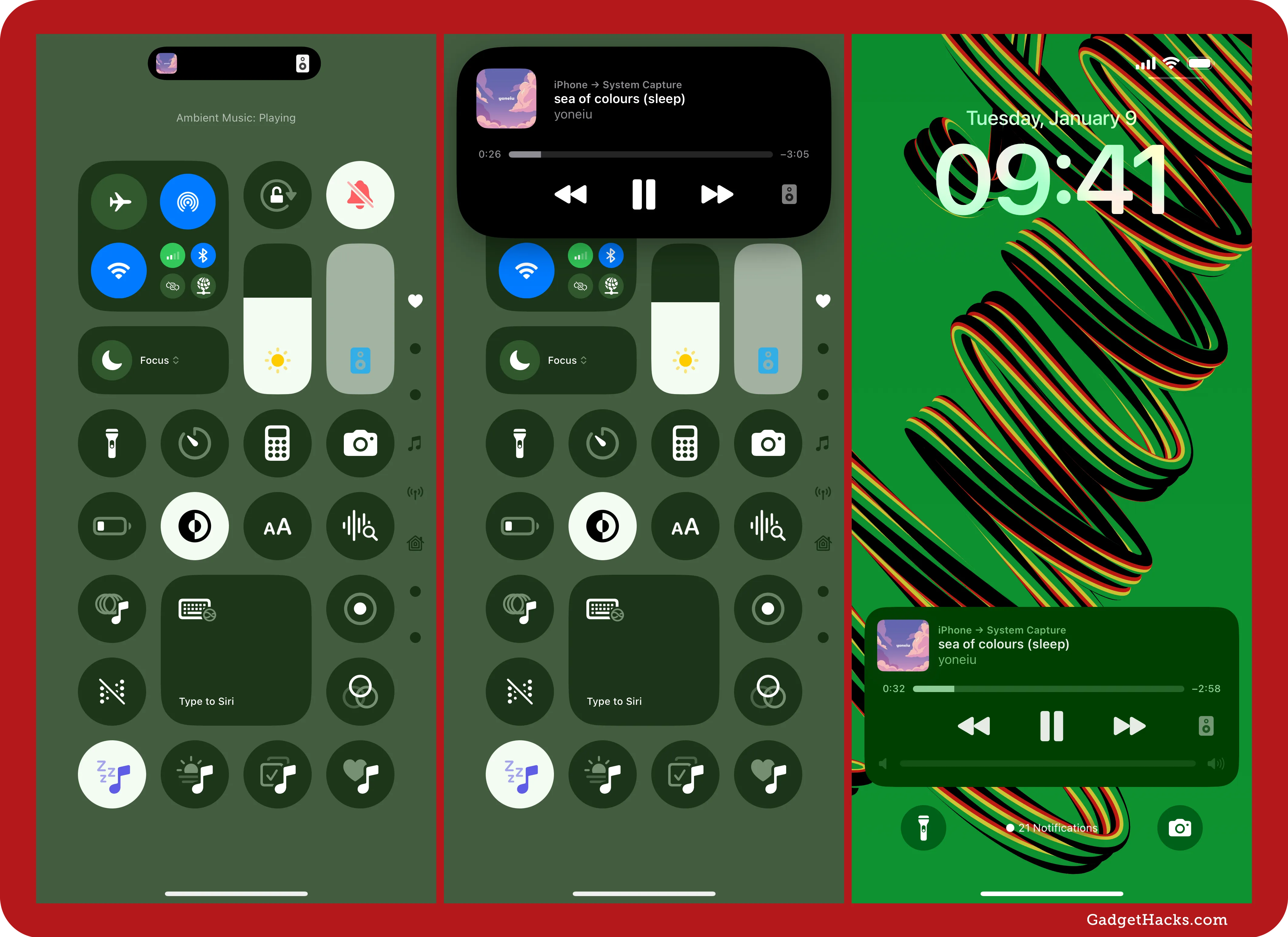 Playing the Sleep Ambient Music control from Control Center and then opening the player in Dynamic Island and Lock Screen.