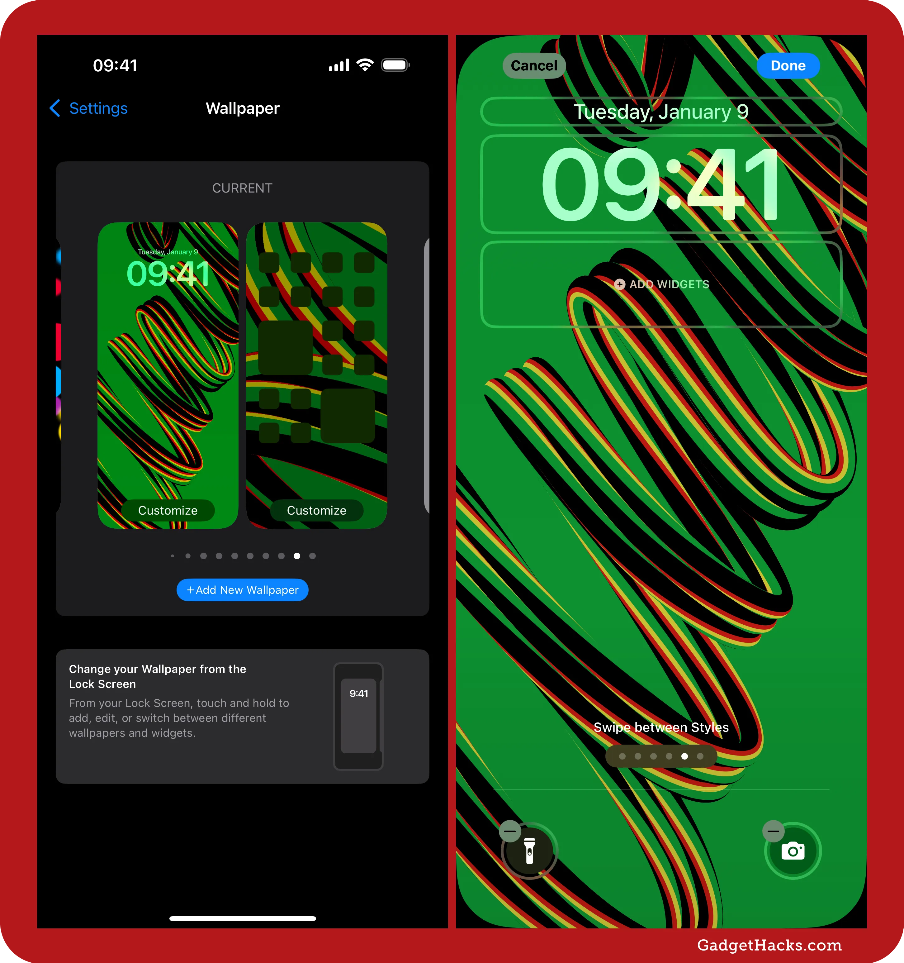 In the Settings app, go to Wallpaper, pick the wallpaper pair, and tap Customize on the Lock Screen preview.