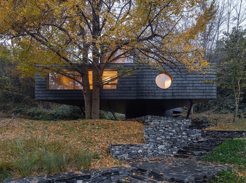 geometric openings pierce elevated treehouse clad in charred cedar planks in hubei