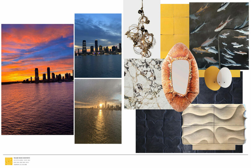 A collage featuring a sunset, night cityscape, fish mural, and sculpted light. With a coral mirror on marble and an elegant hanging light, this composition channels Elizabeth Graziolo's timeless aesthetic.