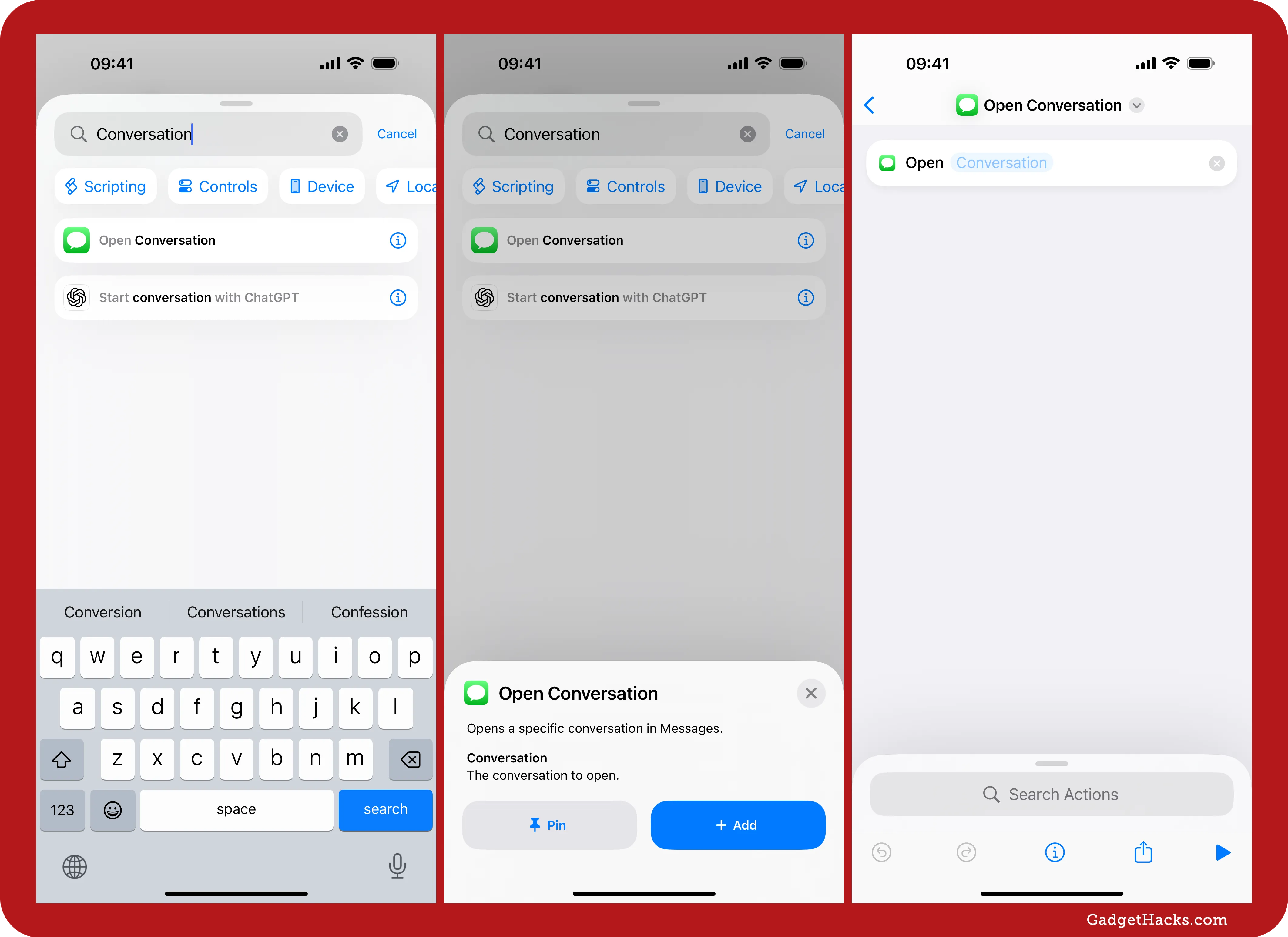 The Shortcuts app has a new action for Open Conversation, which lets you choose a specific Messages thread.