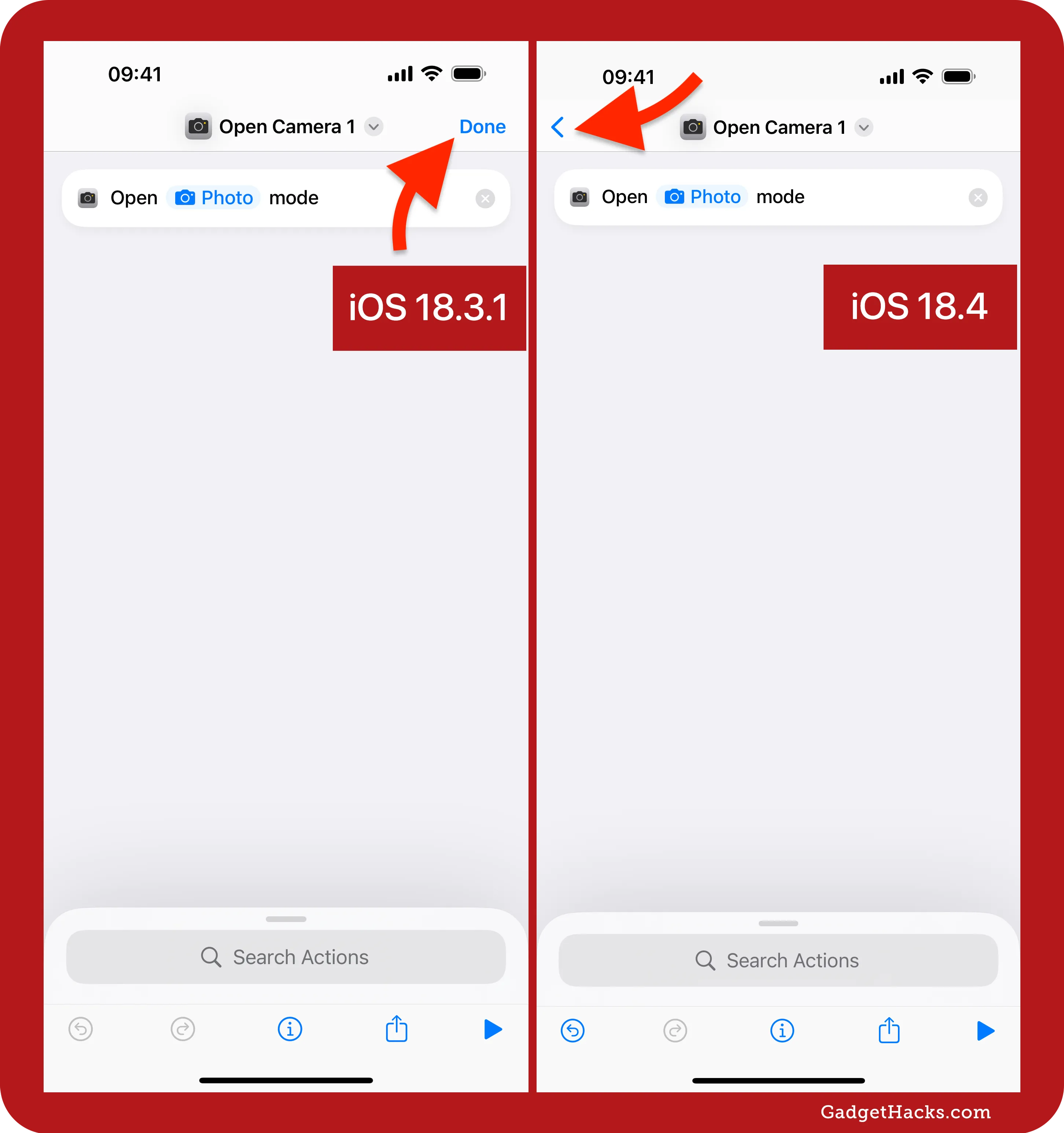 The Shortcuts app on iOS 18.4 changes the "Done" button to a back button in the shortcut editor; image shows the before and after.