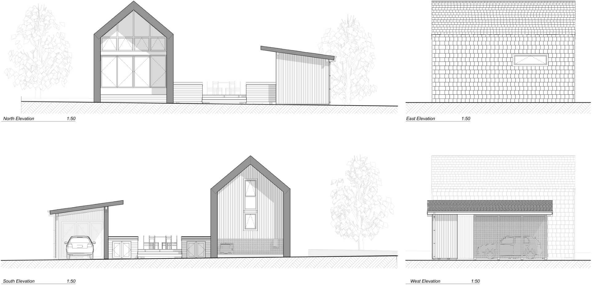 Architectural drawings for a small one bedroom home.