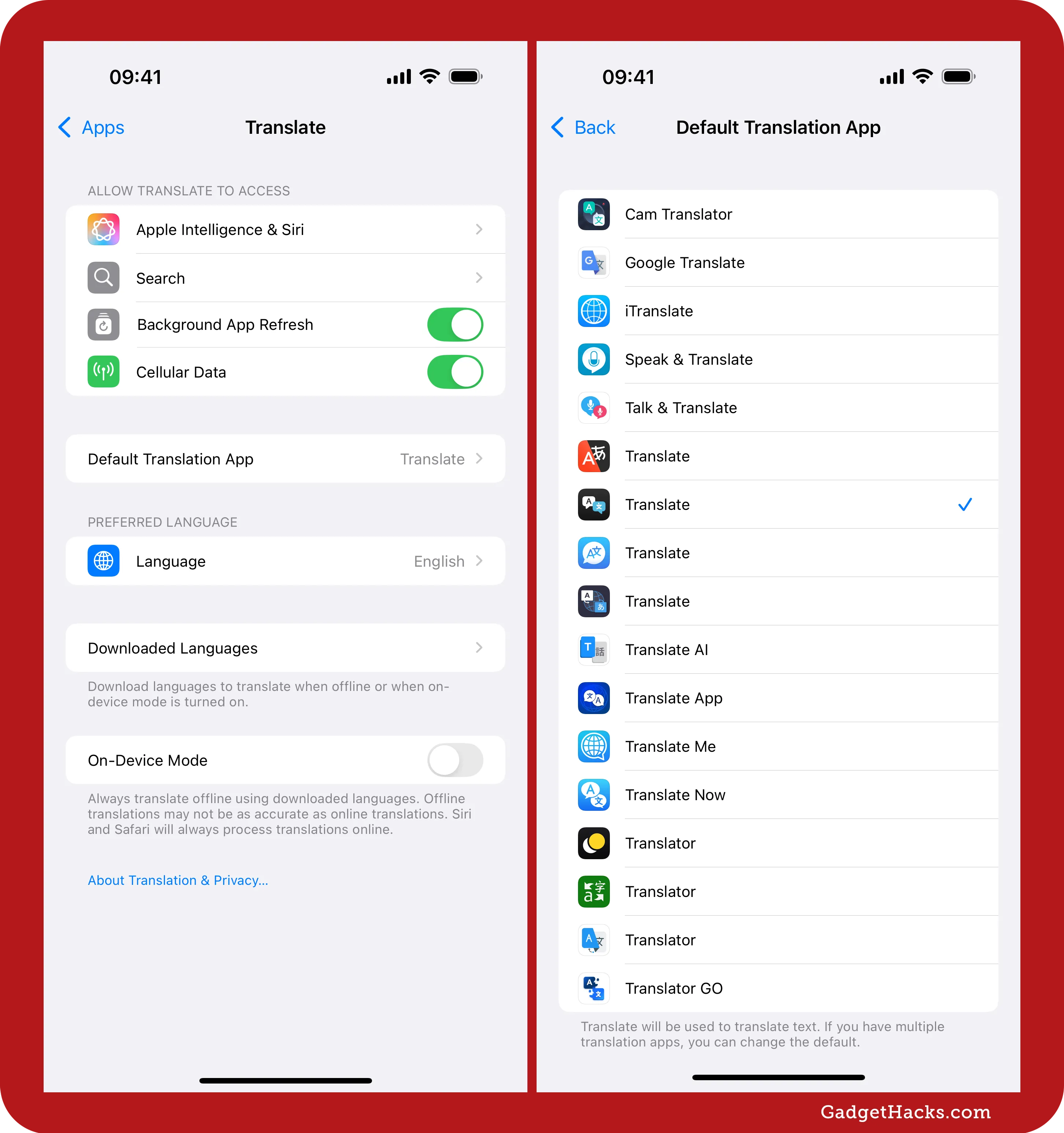 iPhone settings screen displaying “Translate” options, including language selection, downloaded languages, and on-device mode. The second screen shows a list of translation apps available for selection as the default.