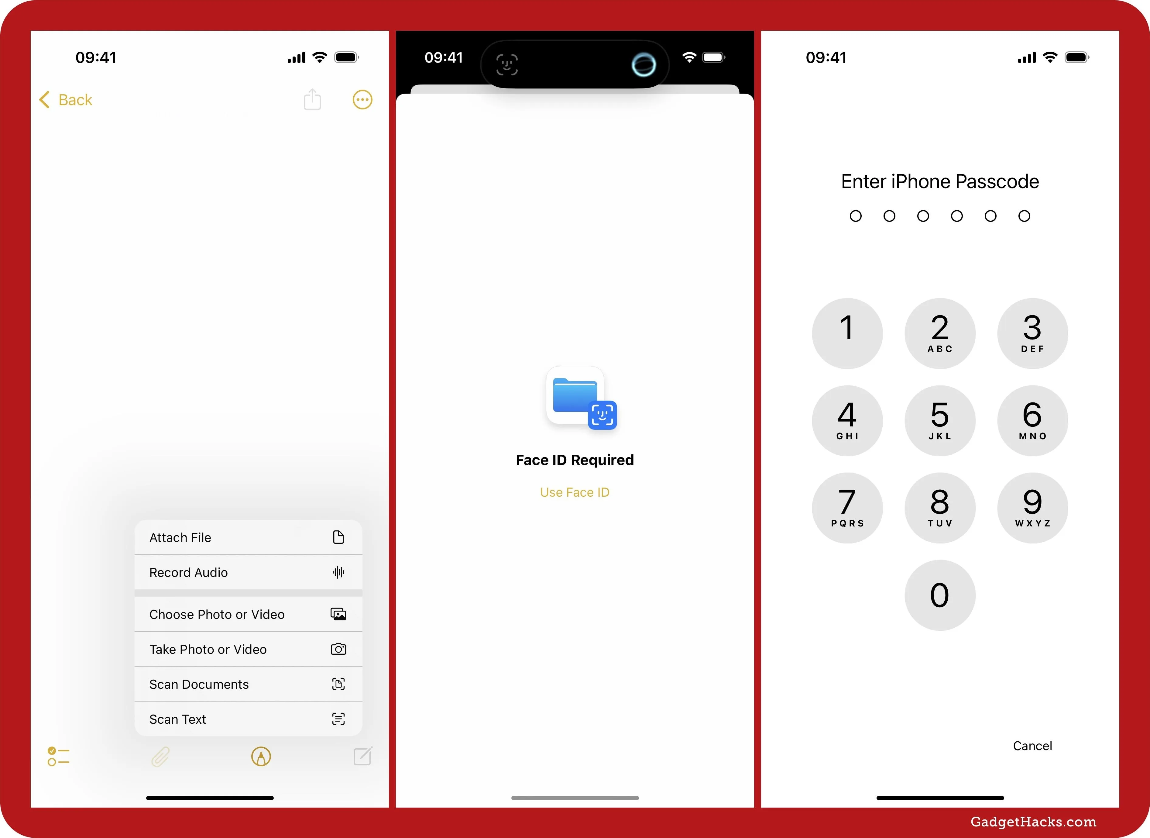 Three screenshots on an iPhone; First showing the attachments menu in a blank note, the Face ID Required screen after tapping Attach File, and the Enter iPhone Passcode keypad.