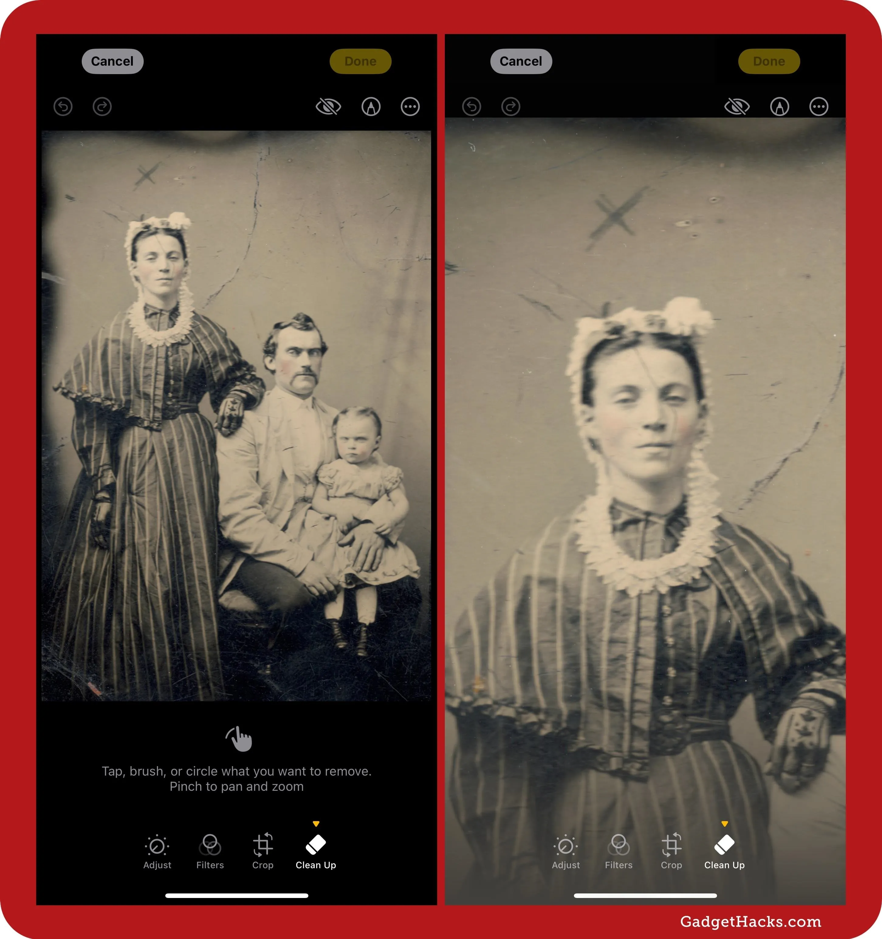 Side-by-side screenshots showing a photo in the Photos app, one image showing "Tap, brush, or circle what you want to remove. Pinch to pan and zoom," and the other a zoomed in version of the photo.