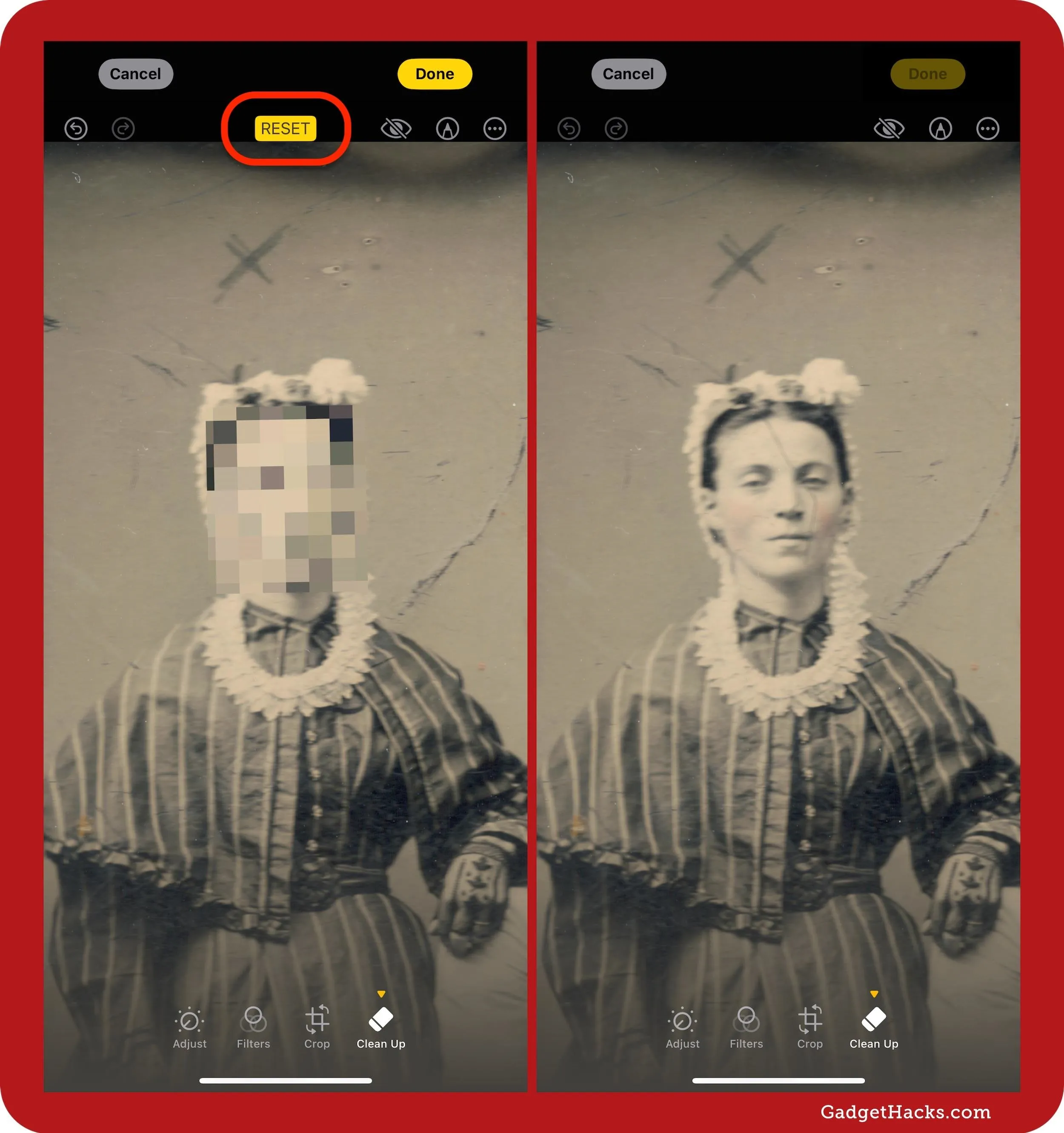 Side-by-side screenshots showing a photo in the Photos app, one image with a blurred out face and a "Reset" button highlighted, the other with the face un-blurred.