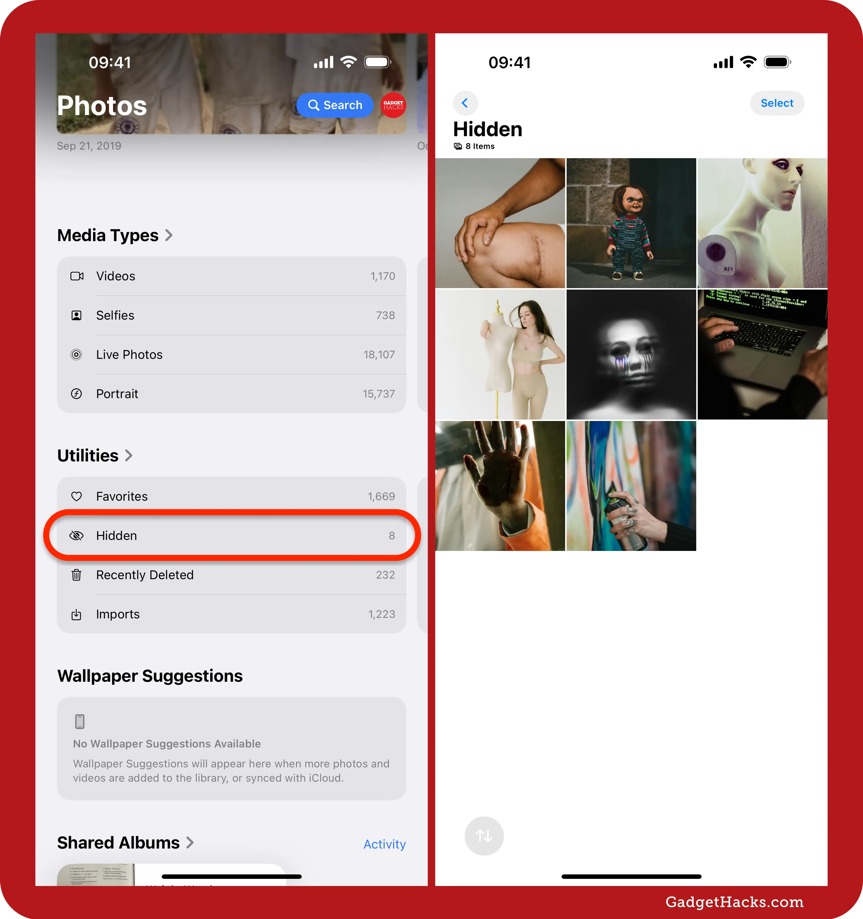 Side-by-side iPhone screenshots reveal Hidden album appearing under Utilities in Photos library, then open Hidden album grid displaying eight concealed pictures.