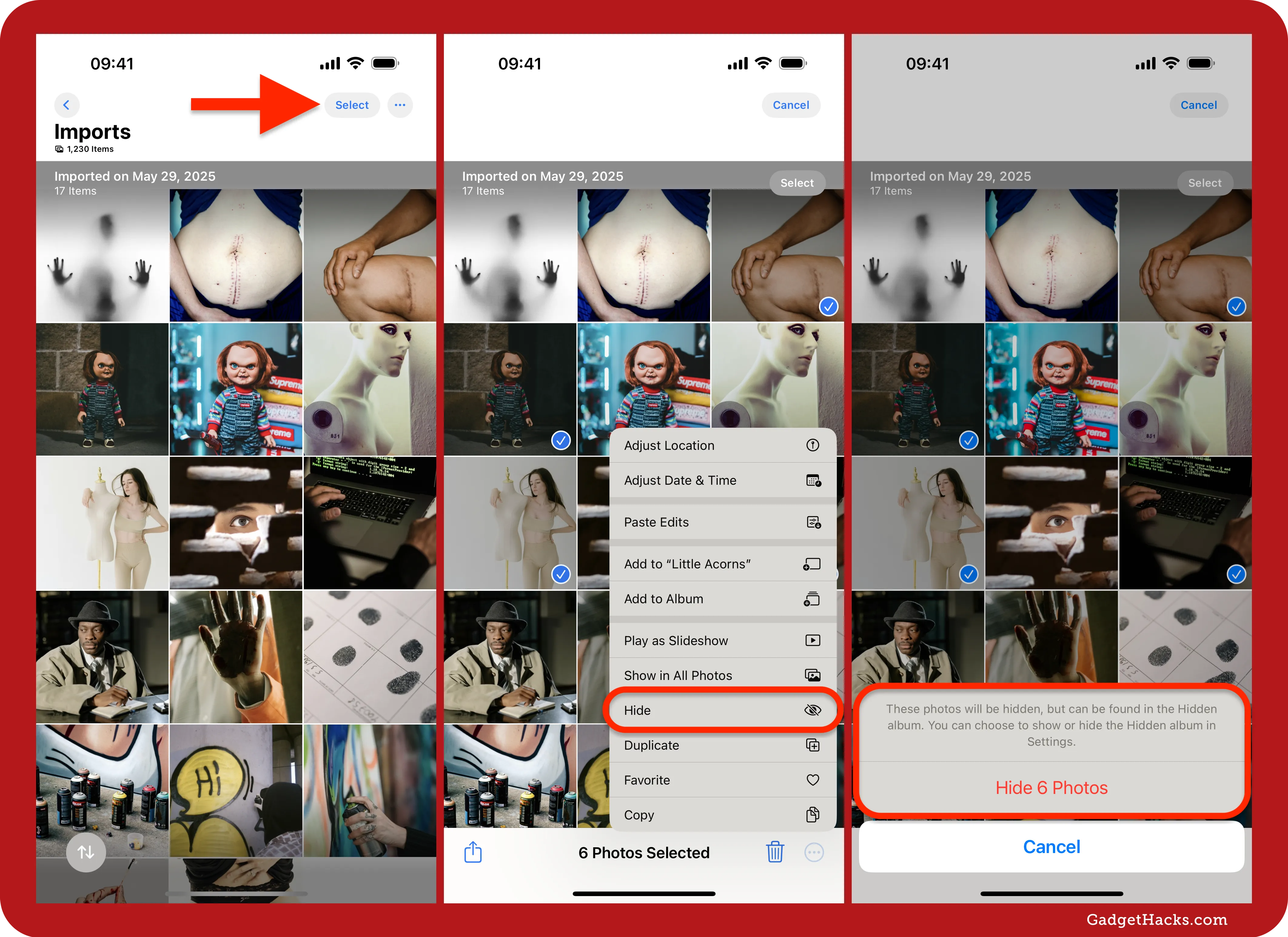 Three iPhone screenshots display Imports grid with multiple images selected, options menu offering Hide, and prompt confirming six photos will be hidden inside Hidden album.