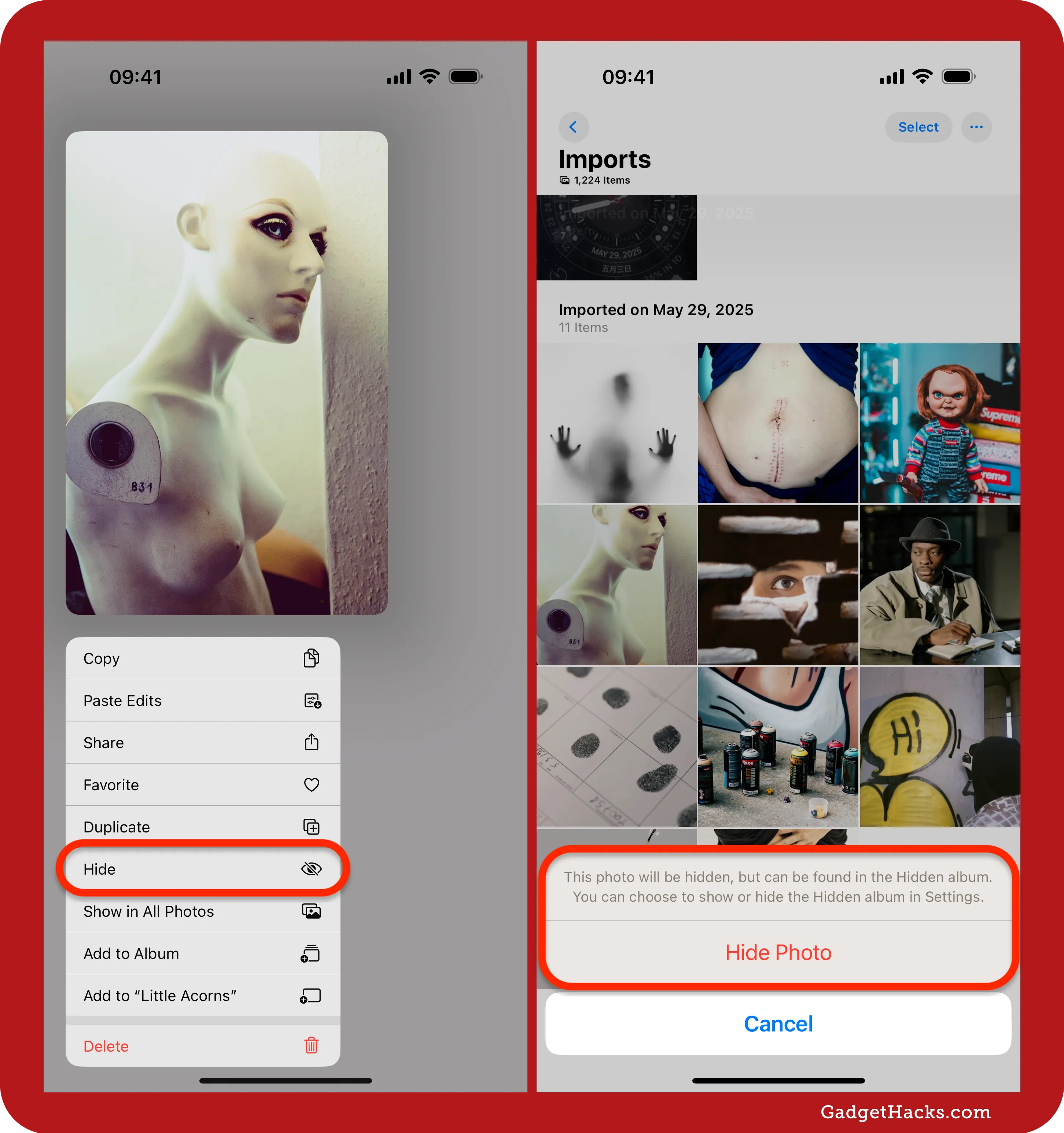Two iPhone screenshots display long-press quick actions menu on mannequin photo revealing Hide option and subsequent confirmation alert explaining photo will move to Hidden album.