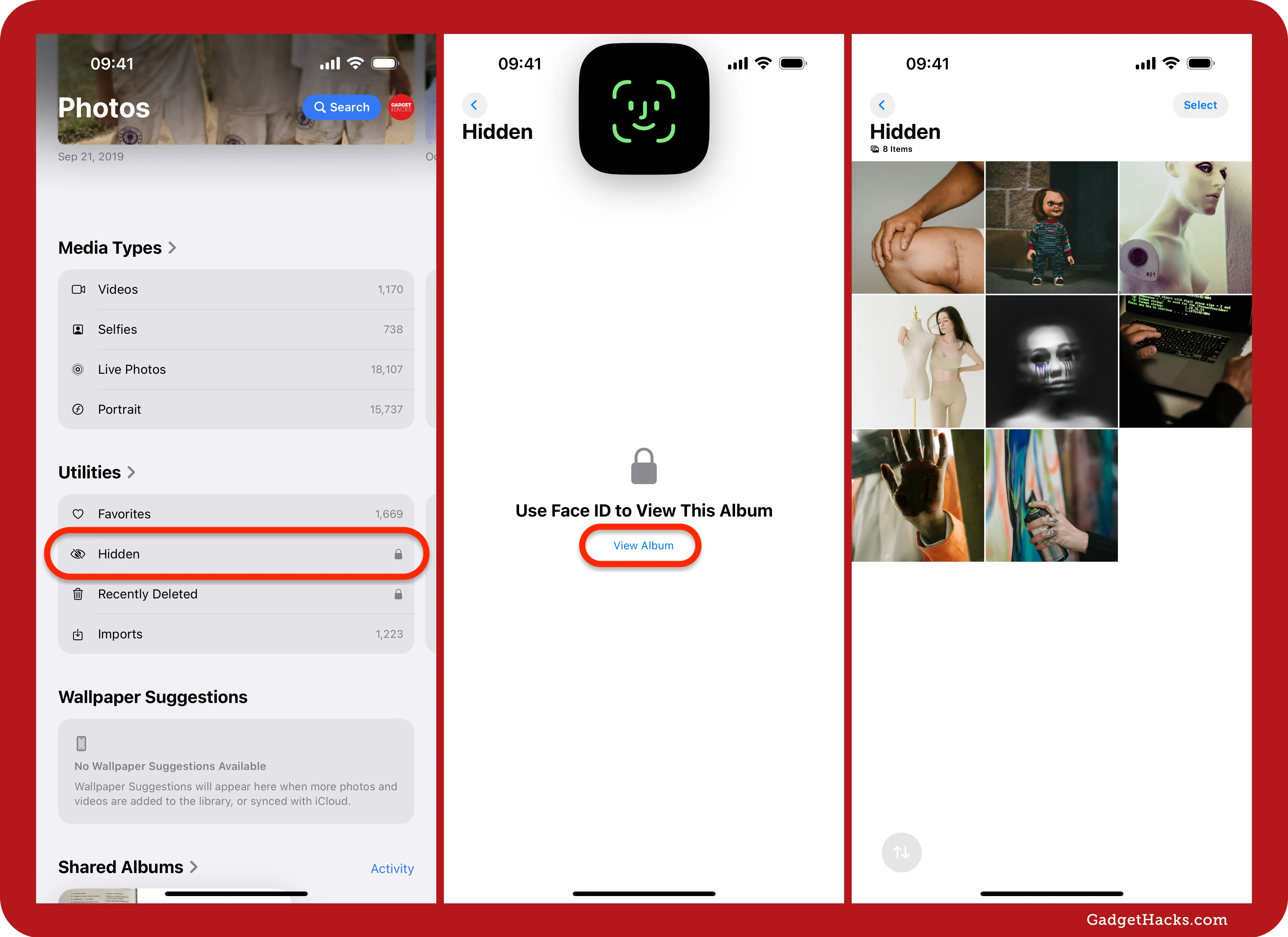 Three iPhone screenshots depict Hidden album listed with lock icon in Utilities, Face ID unlock screen, and opened Hidden album grid revealing eight private images.