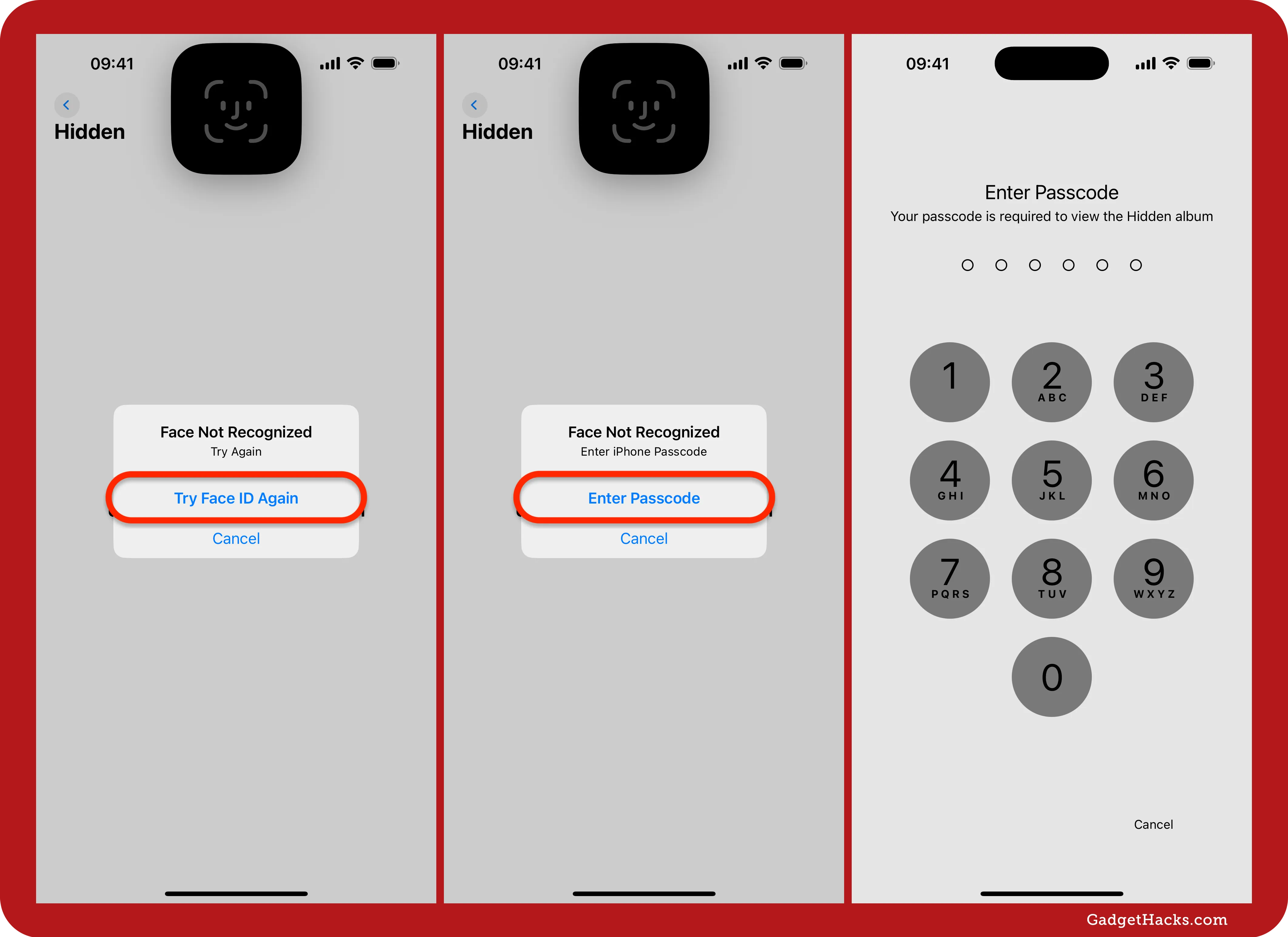 Three iPhone screenshots show Hidden album locked behind Face ID, failed recognition prompts, and fallback numeric passcode keypad for accessing the concealed photos.