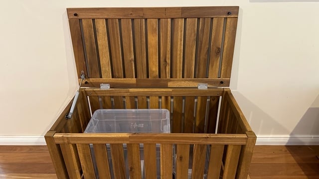Champagne Taste, IKEA Budget: Outdoor Kitchen Ideas for Less 32 Nammaro storage box with hinges and gas strut to support the top lid, SAMLA boxes inside