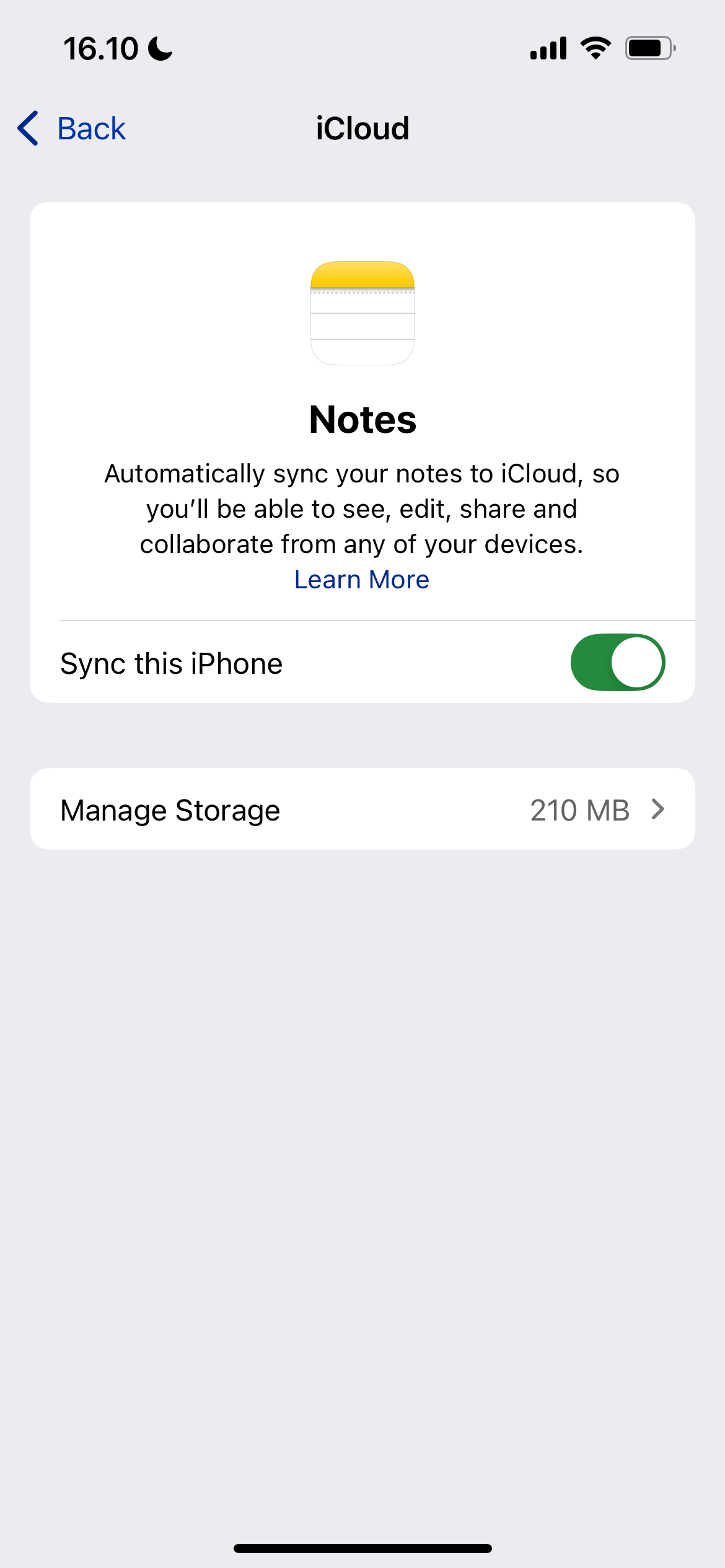 The Notes App Synchronization Settings in iCloud
