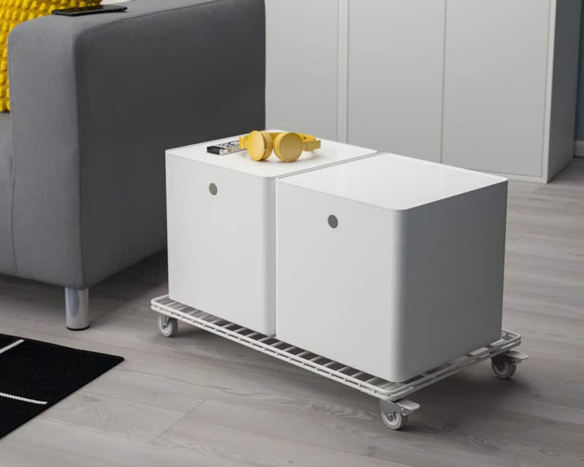 INVALLNING Utility Cart with KUGGIS storage box becomes a roll out side table
