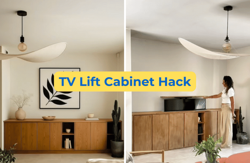 collage of a living room. Left picture shows TV cabinet in wood with wall art. Right picture shows a woman standing in a TV lift cabinet with TV half raised