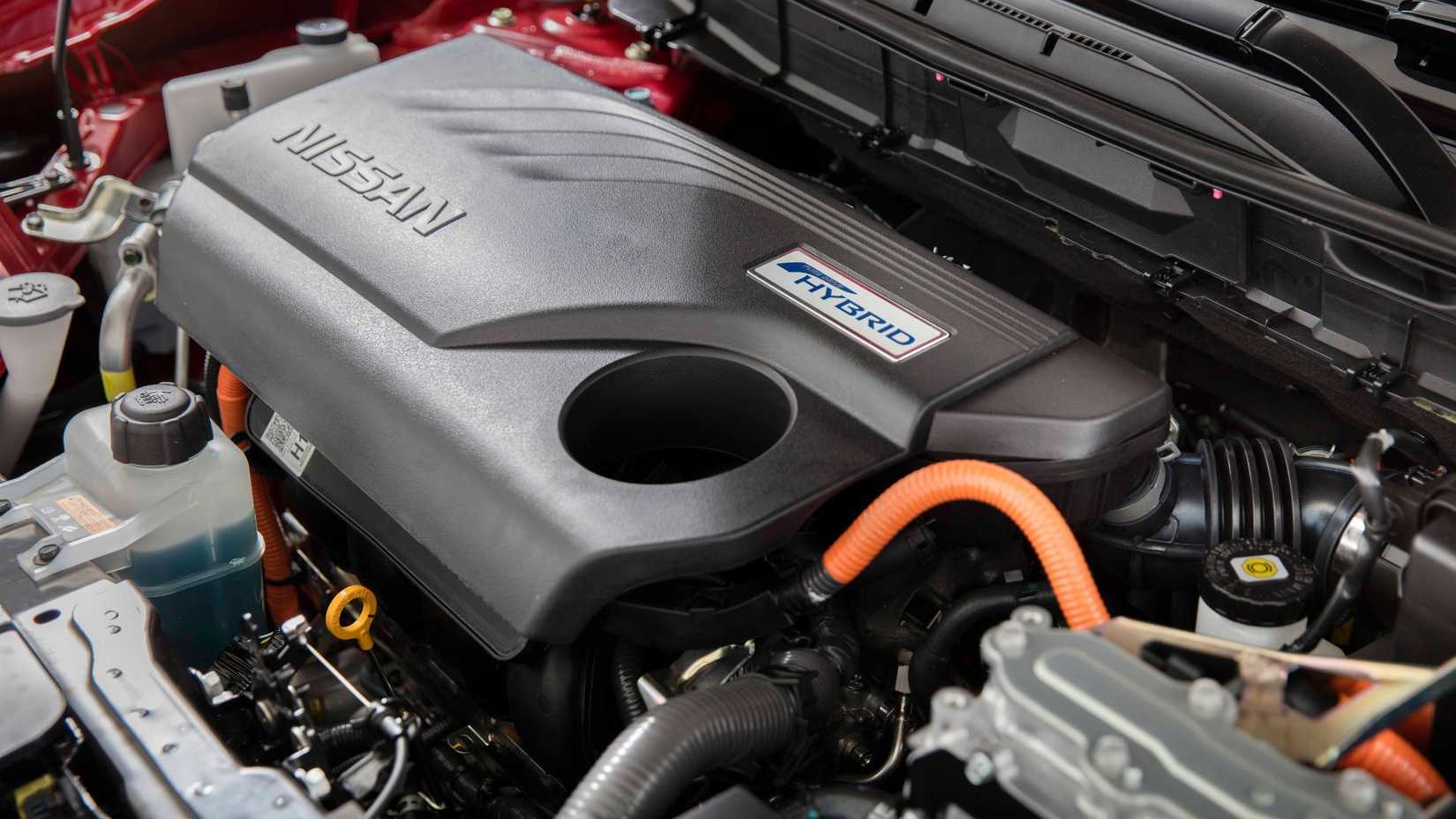 Shot under the hood of a 2017 Nissan Rogue Hybrid.