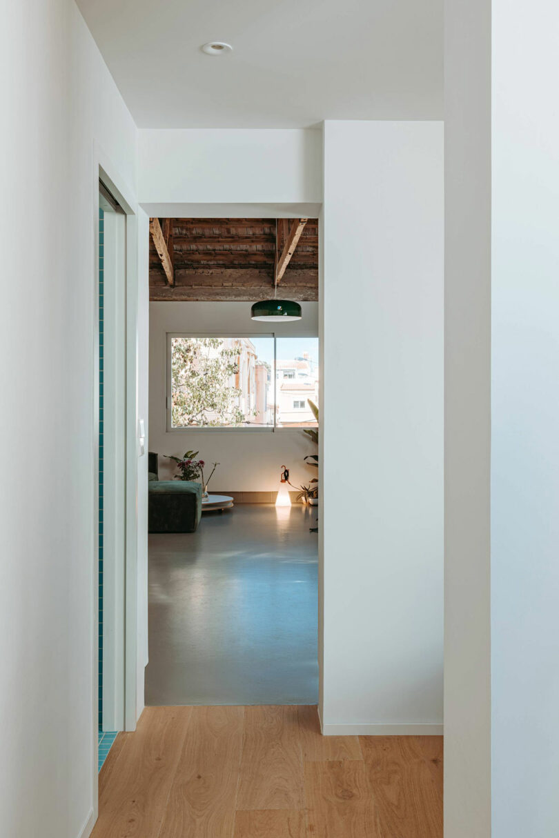 A bright hallway with light wood flooring leads to a living room with concrete floors, a large window, exposed wooden ceiling beams, and a green sofa.