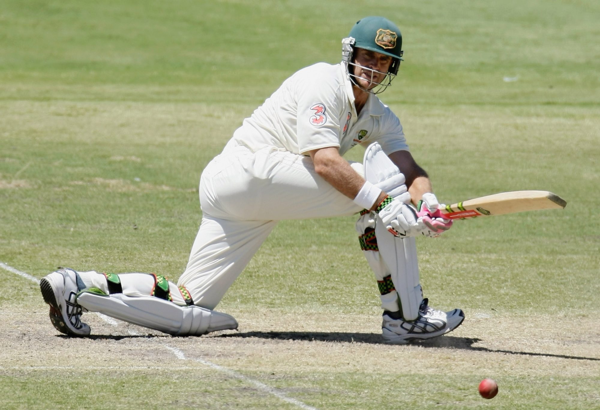 ADELAIDE, AUSTRALIA - JANUARY 26: Matthew Hayden of Australia plays a sweep shot to score his century during day three of the Fourth Test between Australia and India at Adelaide Oval January 26, 2008 in Adelaide, Australia. (Photo by Robert Cianflone/Getty Images)