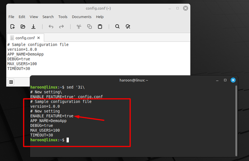 Inserting content into configuration file using sed command