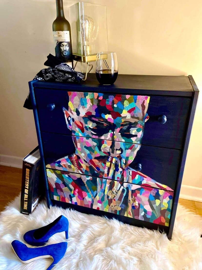 IKEA RAST pop art dresser hack painted with image of Tupac