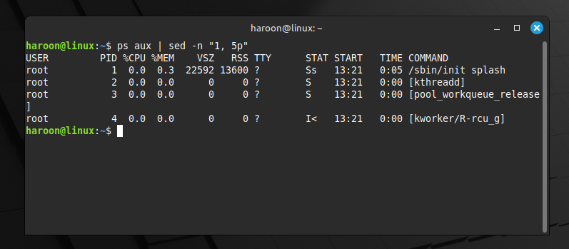 Using sed with ps aux command to get limited output.