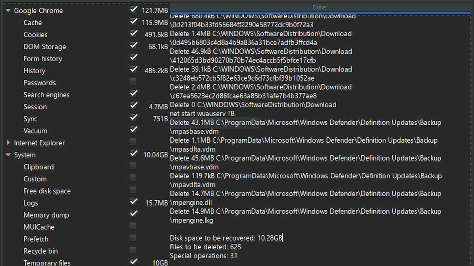 BleachBit cleaning up a Windows 10 PC.