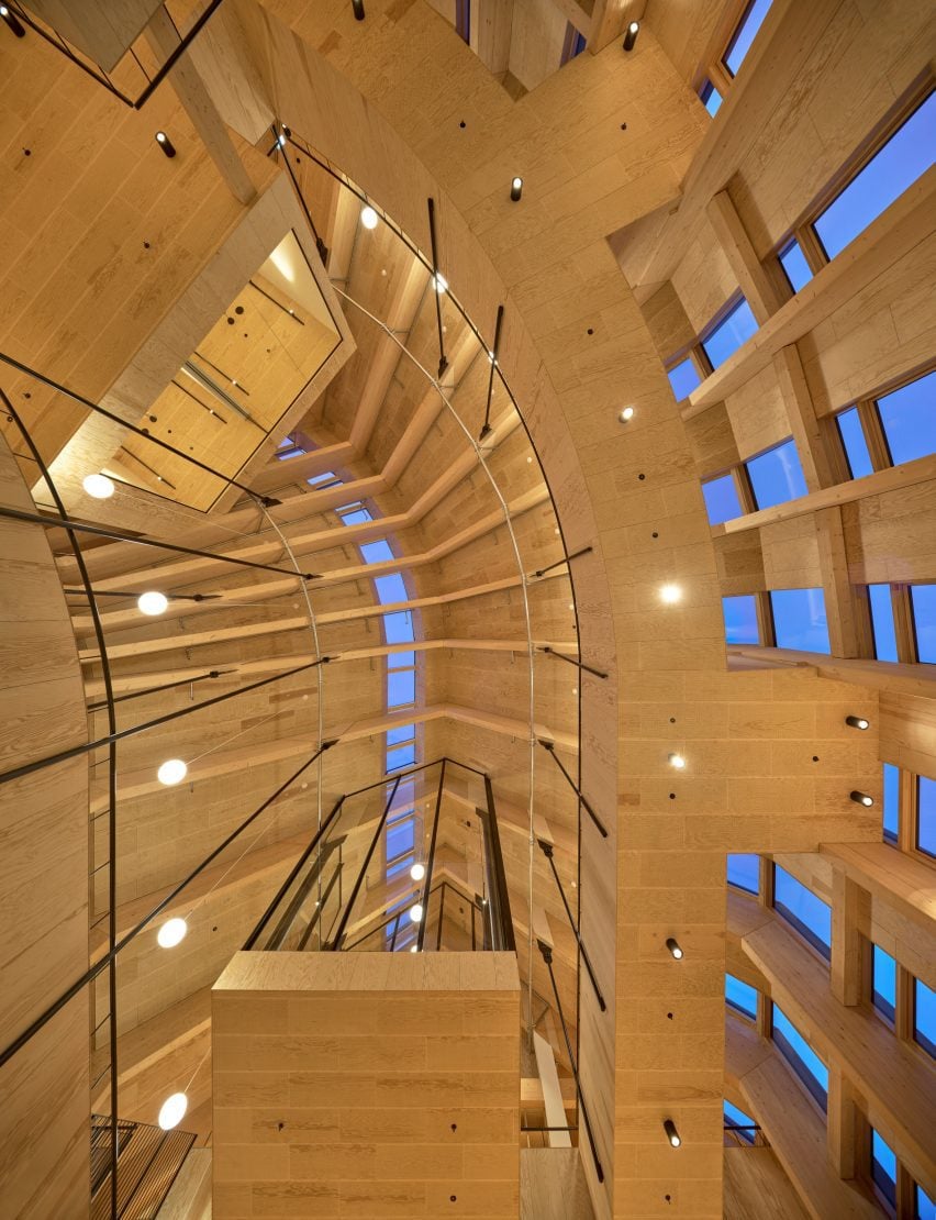 Wooden atrium with suspended walkways