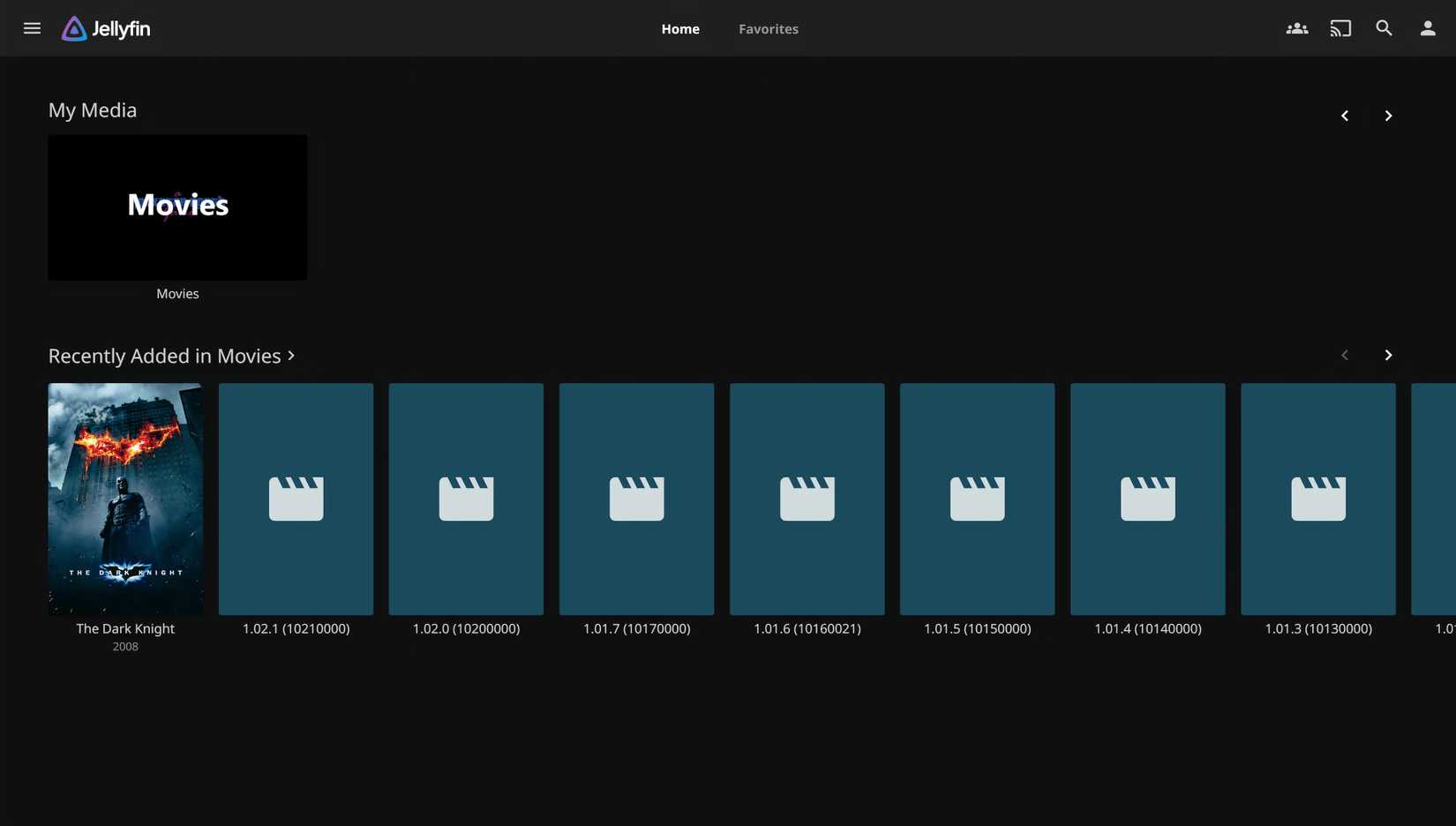 Jellyfin home screen with The Dark Knight and episodes of a show