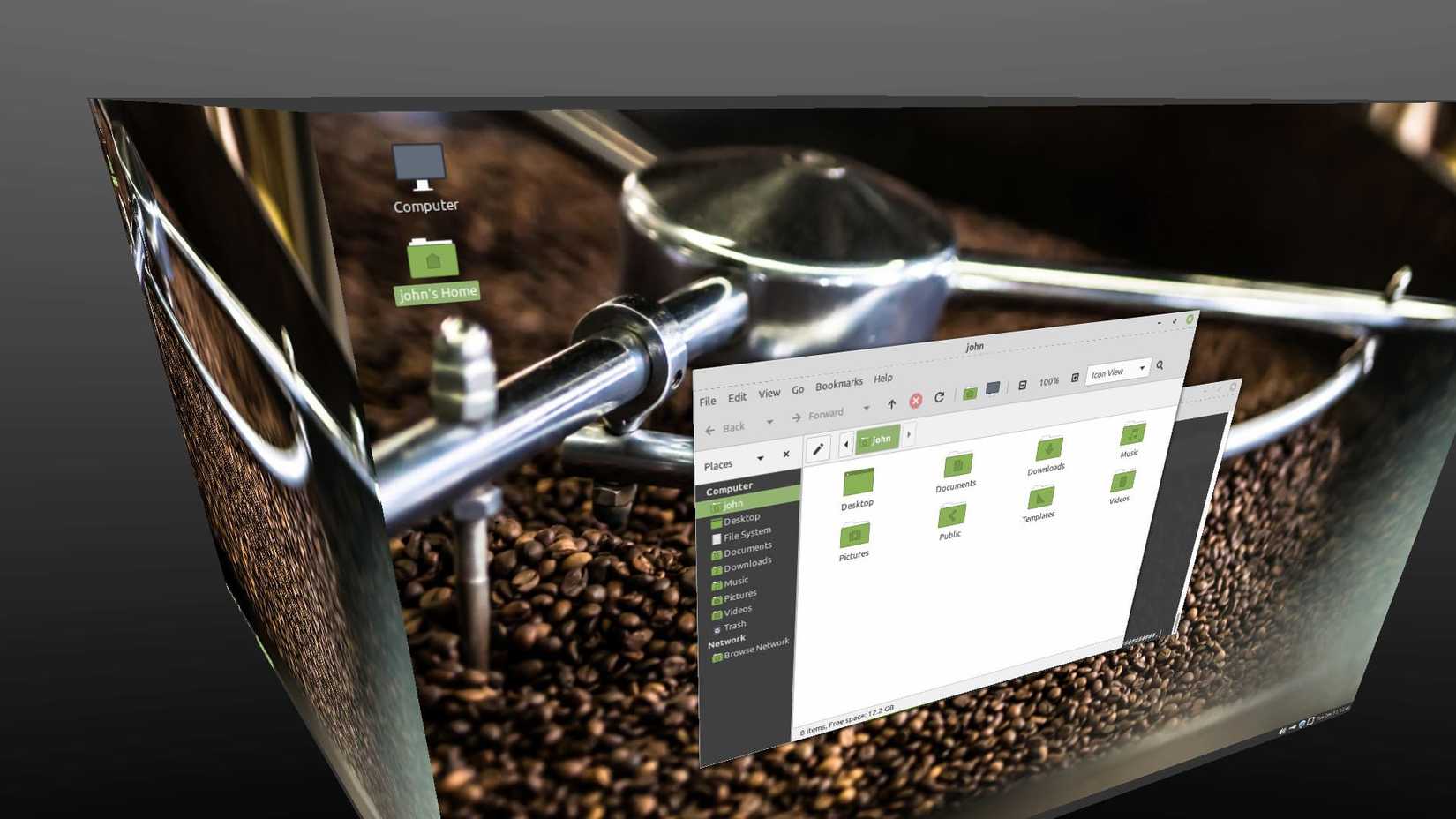 Linux Mint Mate showing a cube to look at the differente desktop windows