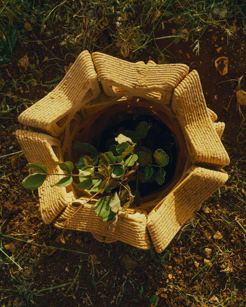 3D printed interlocking bricks compose earthen microclimate shelter for tree saplings