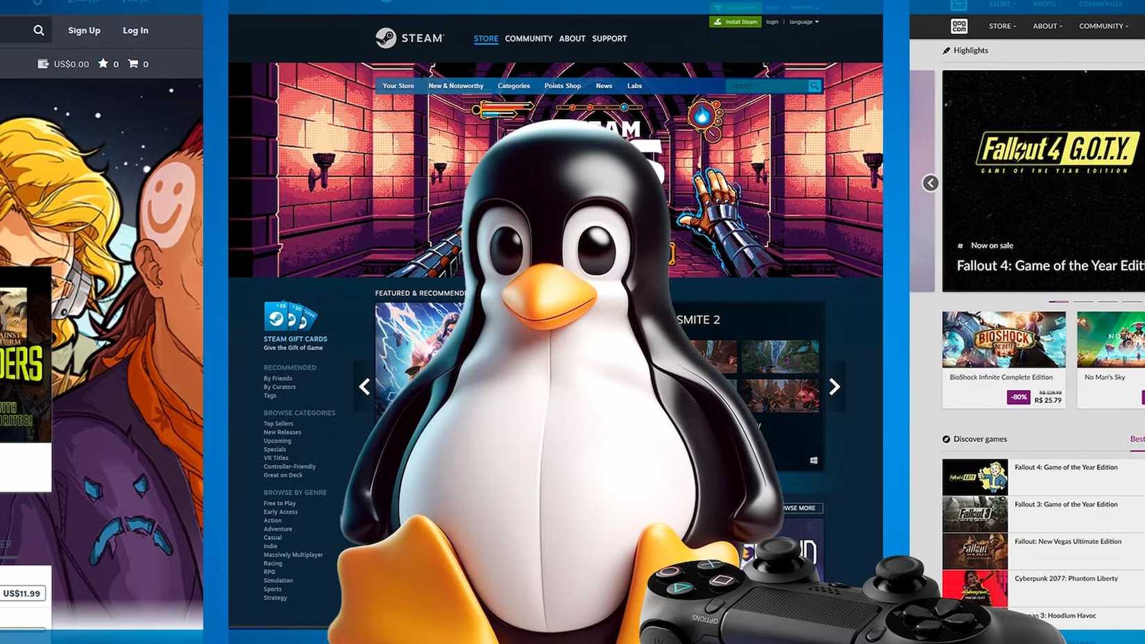 Tux, the Linux mascot, with a gamepad on the right side and some screens in the background.