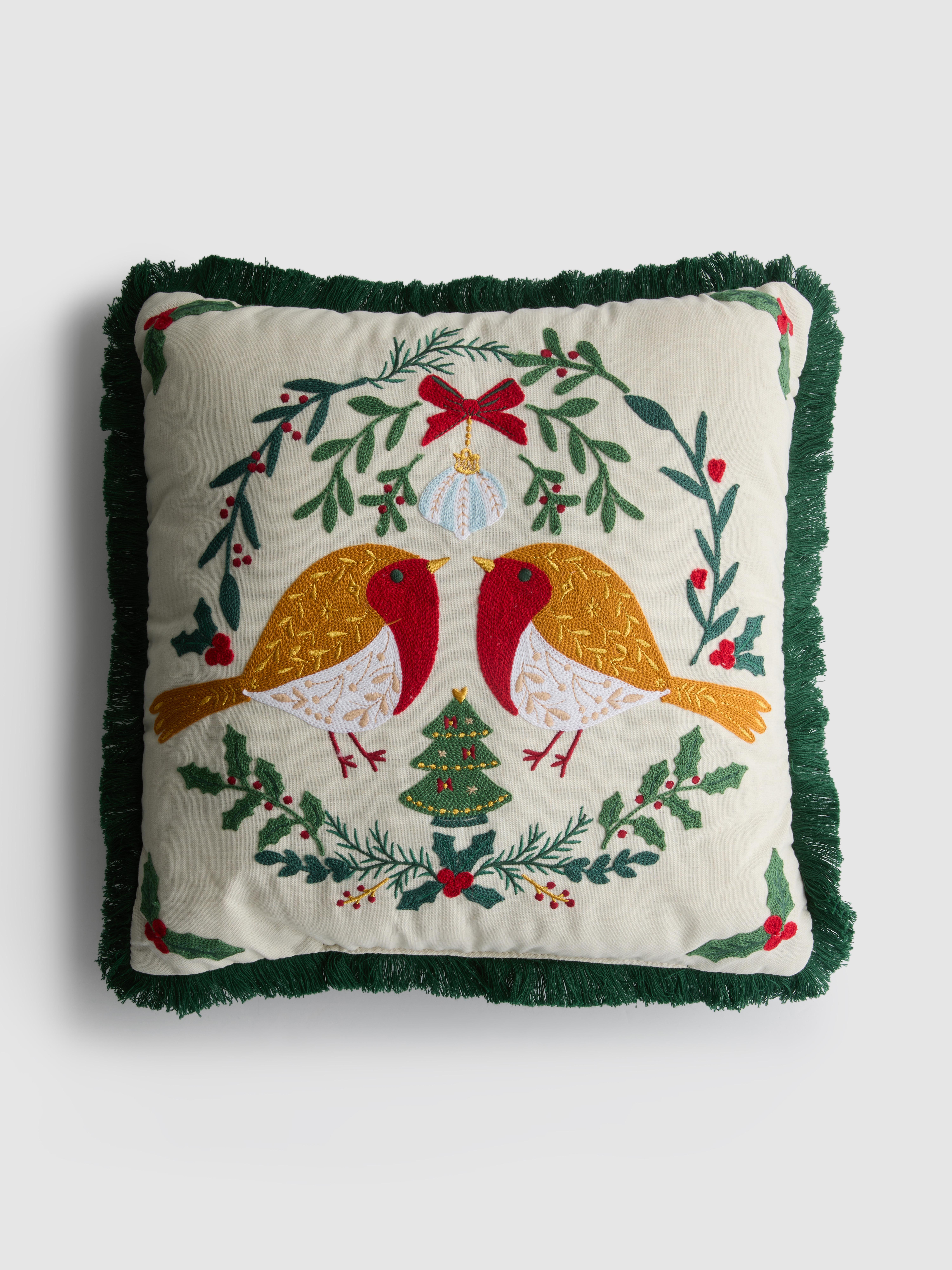 Embroidered Robin Square Cushion
