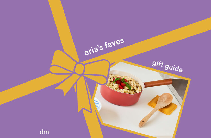 A red saucepan filled with pasta, a wooden spoon, and a piece of ravioli sit on a white surface; yellow ribbon graphics over a purple background read "aria’s faves" and "gift guides.
