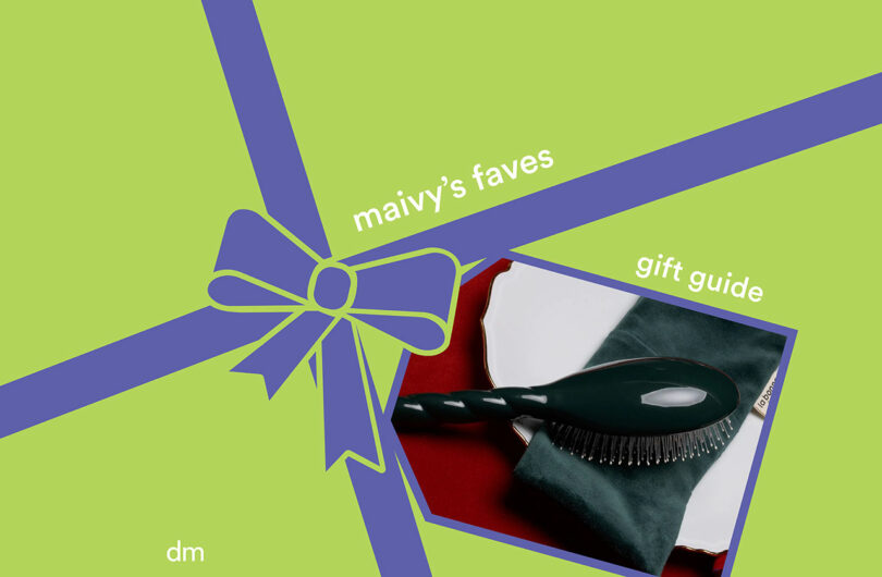 A green background with a blue ribbon design features text reading “maivy’s faves” and “gift guide,” highlighting top picks from curated gift guides, alongside a photo of a hairbrush, velvet pouch, and white plate.