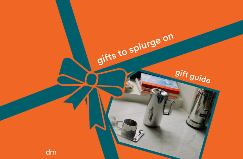 An orange background with a teal ribbon design, featuring a photo of a coffee maker set and text reading "gifts to splurge on" and "gift guide," perfect for those seeking curated gift guides.