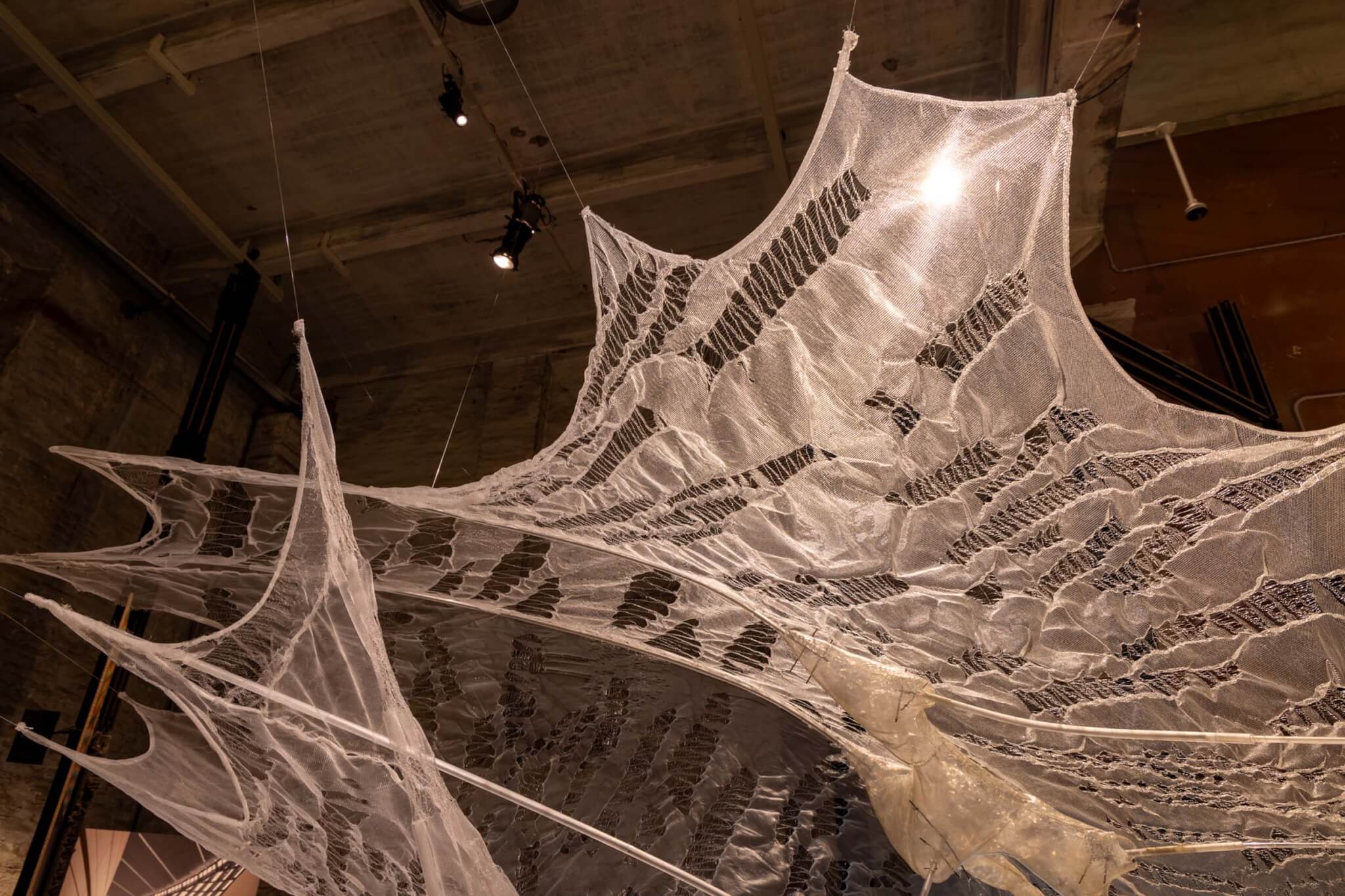 web-like installation hanging from ceiling 
