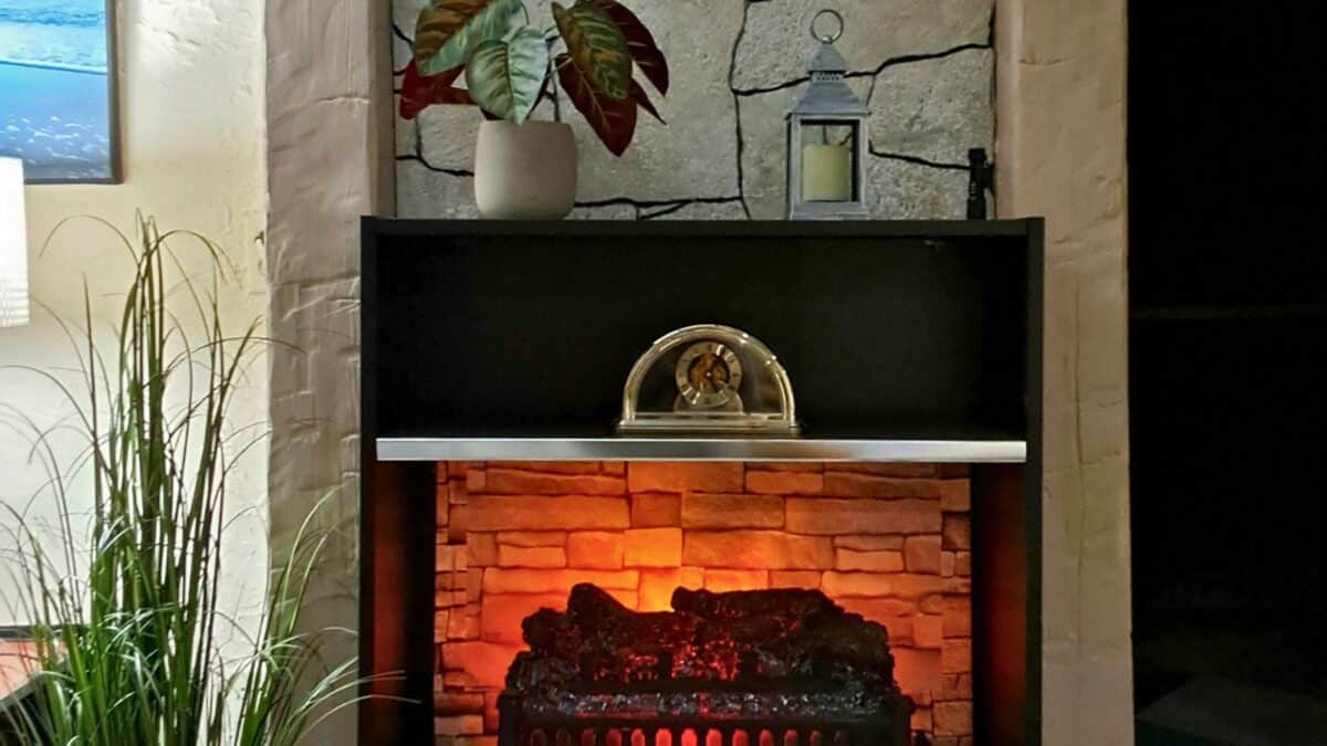 faux-fireplace-bookcase-1200x675 - IKEA Hackers bookshelf fireplace