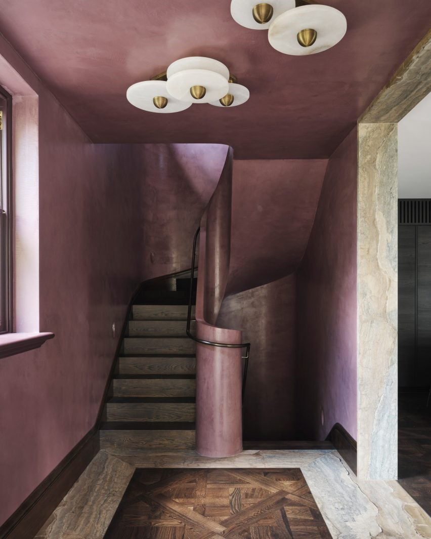 Stairwell with purple plaster walls