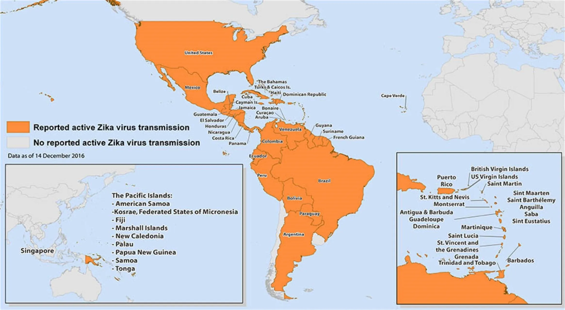 Zika virus transmission map of the Americas as of December 2016.