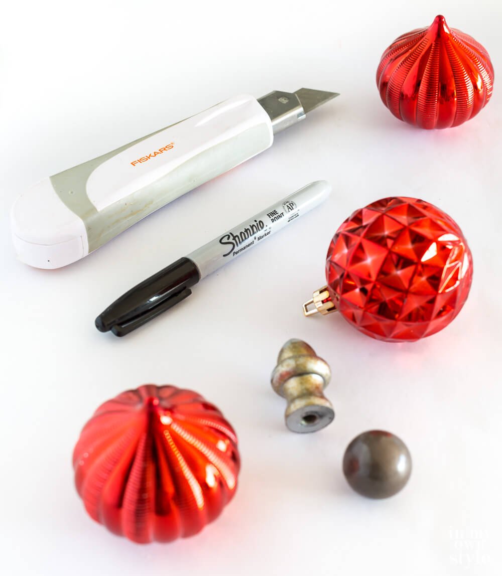 Supplies needed to make a DIY Christmas ornament lamp finial.