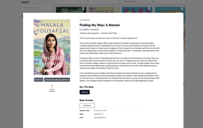 screenshot of the Description of Malala Yousafzai memoir as seen on the New Release Index