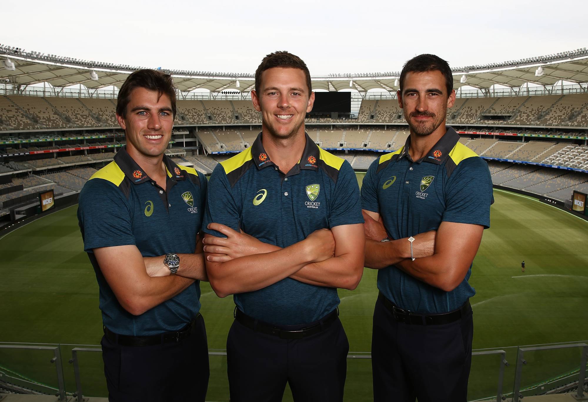PERTH, AUSTRALIA - NOVEMBER 02: Pat Cummins, Josh Hazlewood and Mitchell Starc pose during the Australia ODI Season Launch Media Opportunity at Optus Stadium on November 02, 2018 in Perth, Australia. (Photo by Paul Kane/Getty Images)