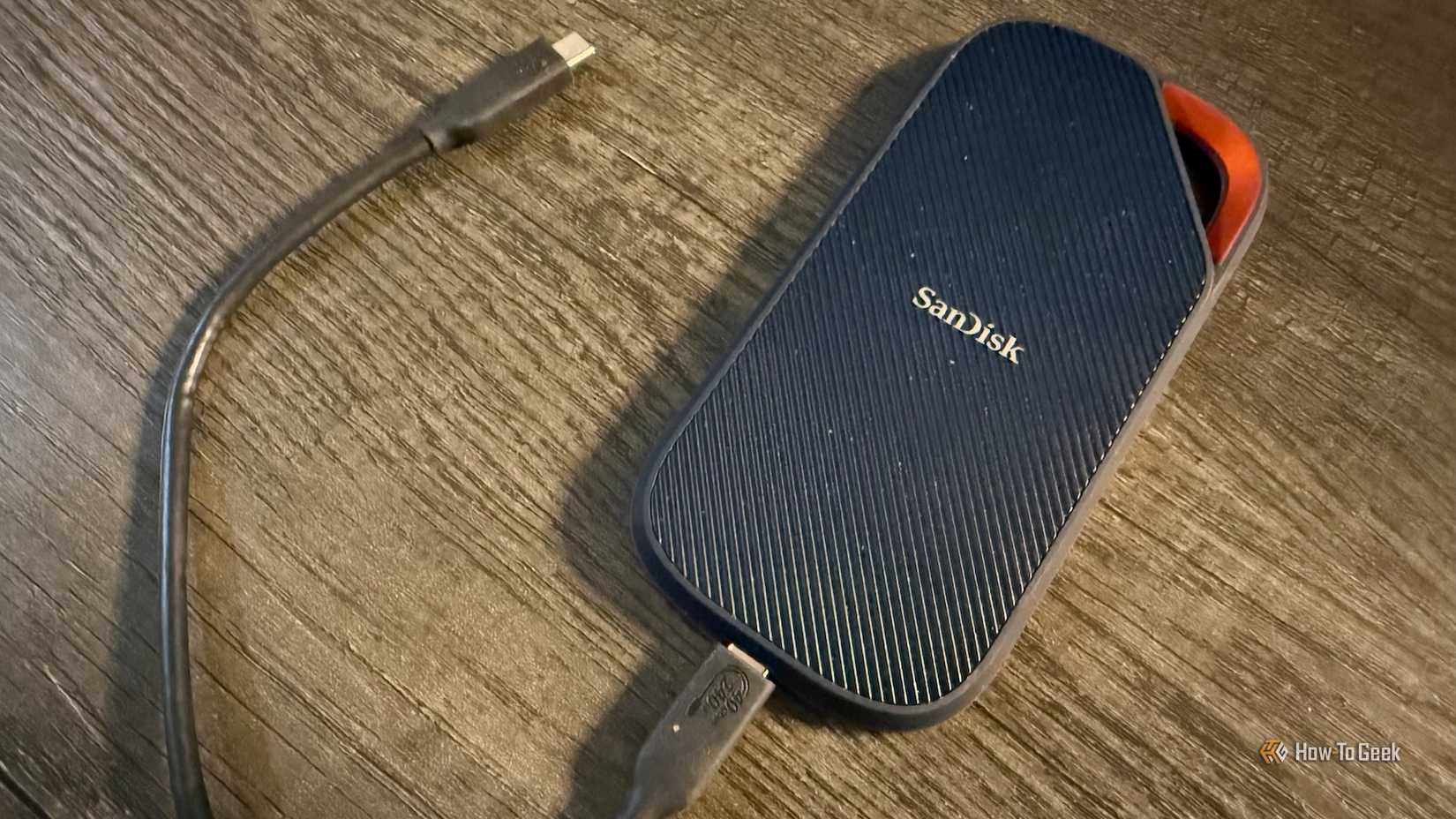 The SanDisk Extreme PRO Portable SSD with USB4 and its USB-C cable.
