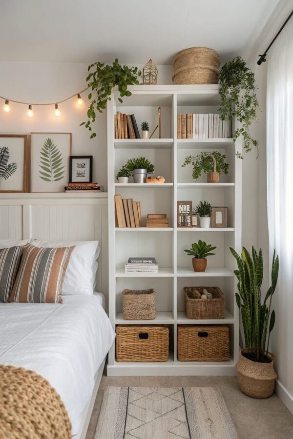 open shelving in holiday guest room