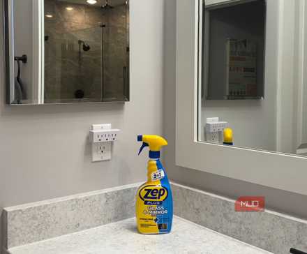 Zep anti-fog mirror cleaner on vanity