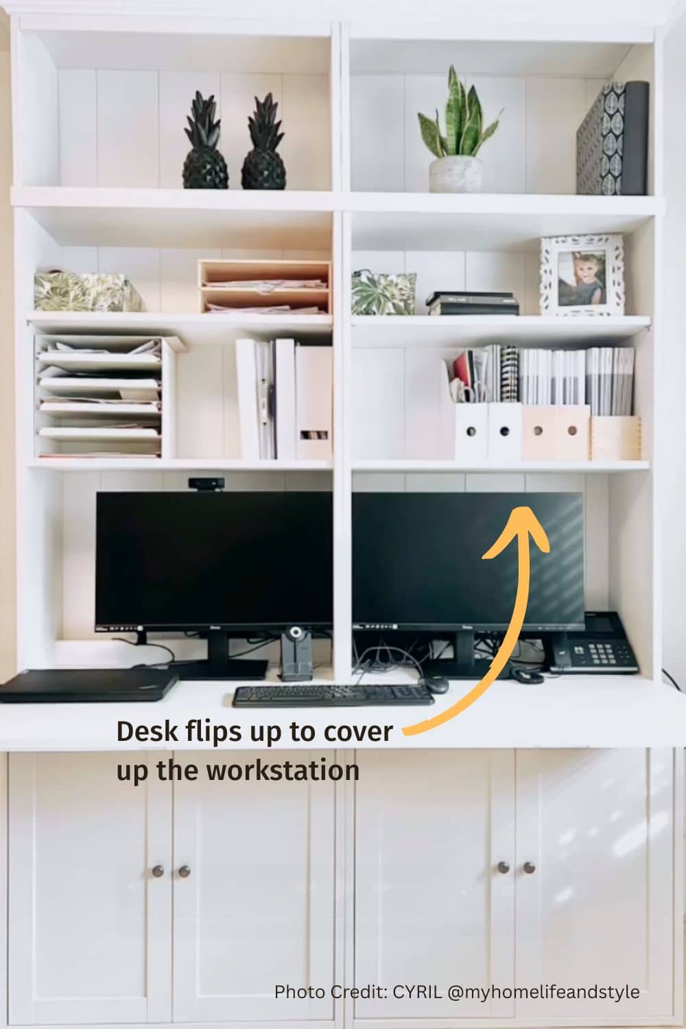 ikea havsta desk hack - IKEA Hackers ikea havsta desk for home office with open shelving and storage cabinets - desk top flips up to conceal computer monitors