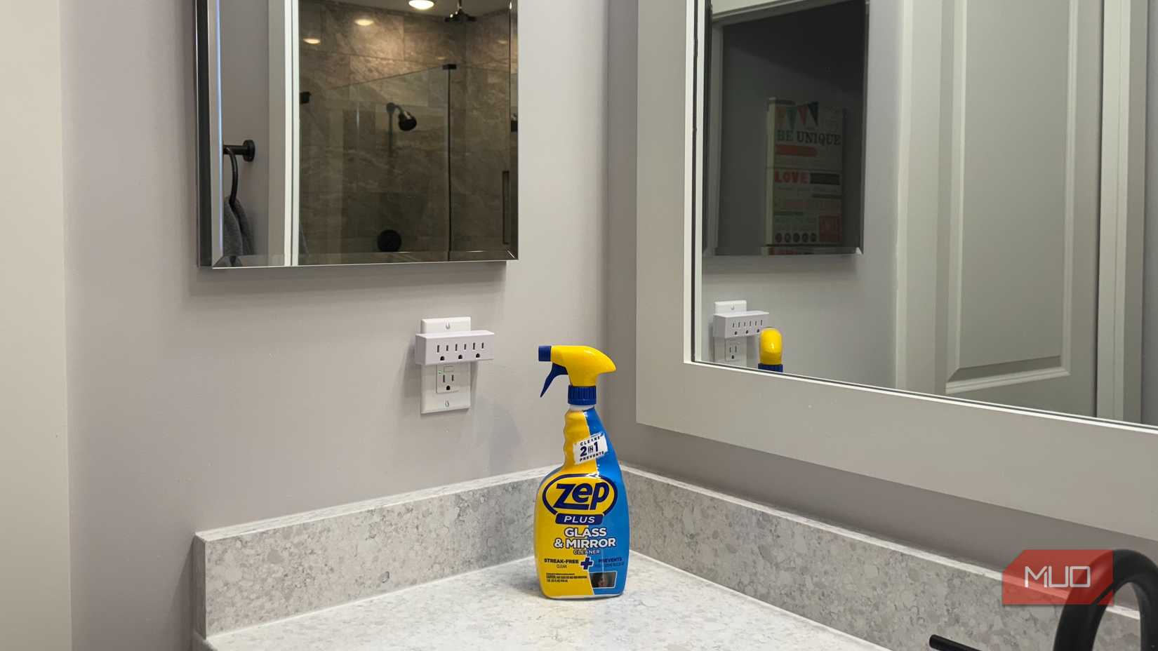 Zep anti-fog mirror cleaner on vanity
